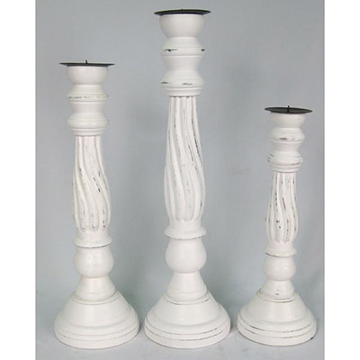 Set Of 3 Wooden Candle Sticks White Wash Finish - Click Image to Close